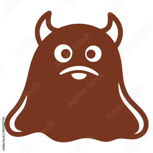 Sad brown monster with horns and big eyes on a white background creating a simplistic graphic element