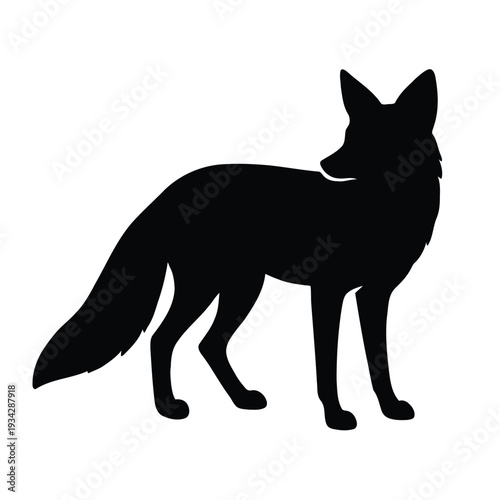 A striking black silhouette of a fox stands prominently against a plain white background