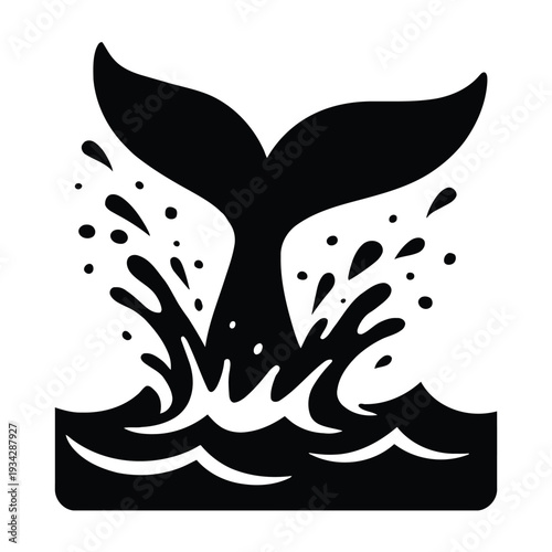 A striking black silhouette depicts a whale s tail breaching the surface amidst splashing waves