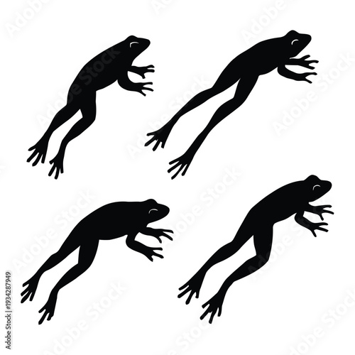 Four silhouetted frogs are depicted leaping and jumping against a plain white background high quality
