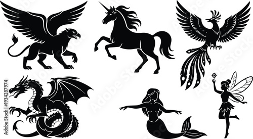 Silhouette vector art of unicorn rearing dragon coiled griffin poised phoenix rising mermaid swimming and fairy holding wand in bold black flat high contrast silhouettes