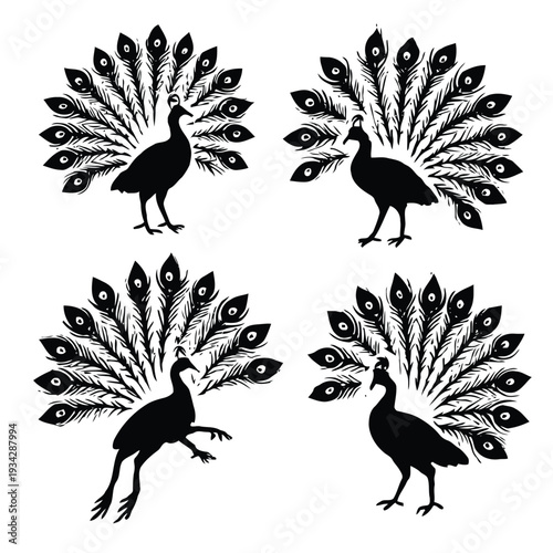 Four black silhouettes of peacocks displaying their ornate tail feathers in a symmetrical pattern