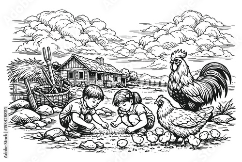 Nostalgic Engraving Style Vector Illustration of Two Children Feeding Chickens and a Rooster in Front of a Small Farmhouse and Haystacks in the Yard