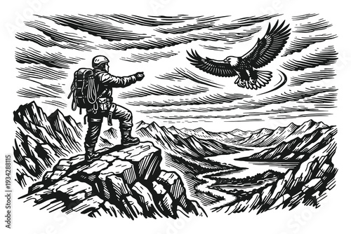Heroic Woodcut Style Vector Illustration of a Mountaineer Standing on a Peak Pointing at a Flying Eagle Over a Vast River Valley and Mountain Range