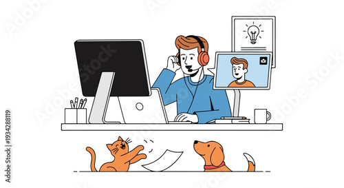 A man in a blue shirt works remotely on a computer with a headset while a cat and dog interact with papers on a flat 2D surface, conveying a lifestyle of working from home.