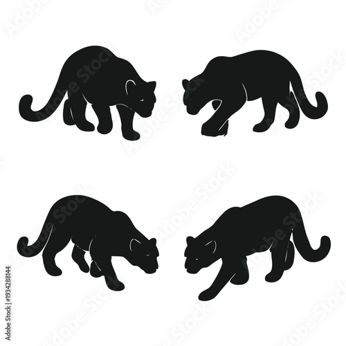 Four black silhouettes of stalking panthers are displayed against a clean white background high quality