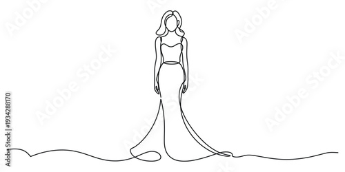 Elegant continuous line drawing of a woman in a long evening gown