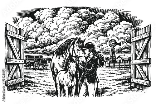 Detailed Woodcut Style Vector Illustration of a Woman Rider with a Horse and Foal Standing by an Open Gate with a Windmill and Farmstead Background