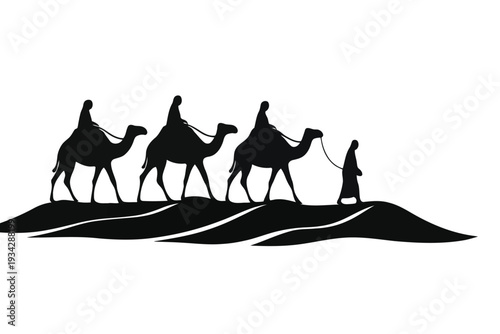 A silhouette depicts three camels and a figure traversing a desert landscape showcasing a journey