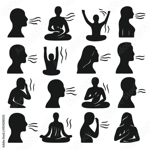 Silhouette illustrations depict various yoga poses and breathing exercises emphasizing mindful movement high quality professional