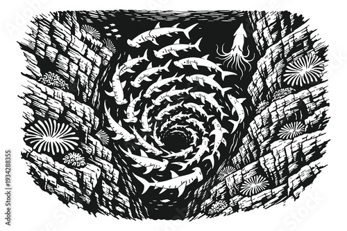 Dramatic Woodcut Style Vector Illustration of a School of Hammerhead Sharks Swimming in a Spiral Formation within a Deep Underwater Rocky Canyon Scene