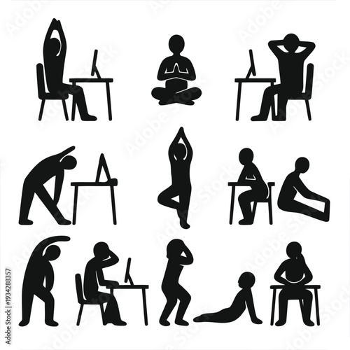 Silhouettes depicting various human postures including yoga meditation and seated positions high quality professional detailed