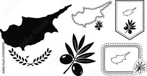 Vector art close up map of cyprus silhouette with olive branch and laurel wreath badge sticker collection in flat black minimalist style top view emblem graphic