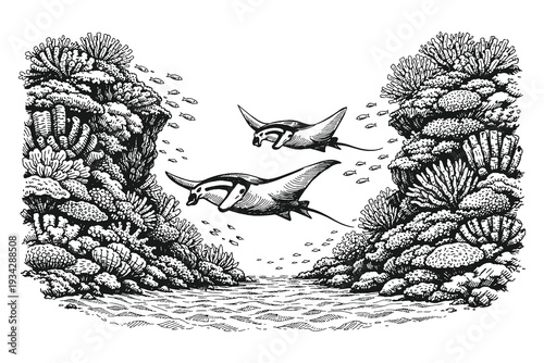 Majestic Woodcut Style Vector Illustration of Manta Rays Gliding Between High Coral Reef Walls with Schools of Small Fish in an Underwater Ocean Scene