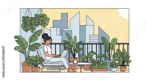 Flat 2D illustration of a woman relaxing on a balcony with plants in a modern cityscape, embodying a remote work lifestyle.