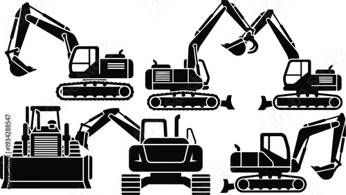 Monochrome vector art close up side and front silhouettes of excavator bulldozer and tracked digger showing bucket arm cab tracks on white background industrial construction equipment