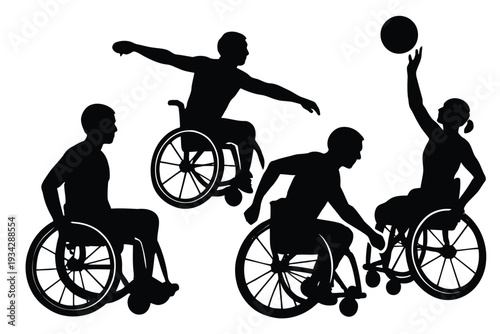 Silhouette illustration depicts athletes in wheelchairs engaged in a basketball game showcasing inclusivity high quality