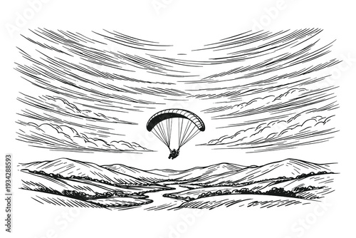 Scenic Engraving Style Vector Illustration of a Paraglider Soaring Over a Wide Mountain Valley and River Landscape Under a Detailed Cloudy Sky Background