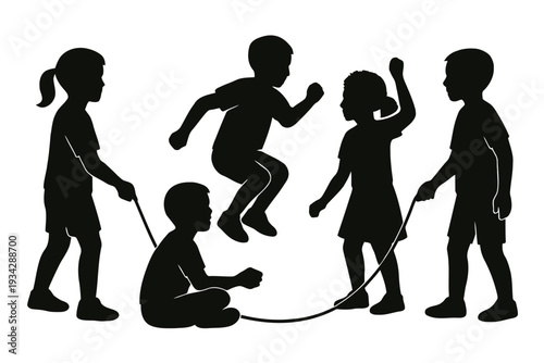 Silhouettes of children joyfully playing with a jump rope on a bright white background