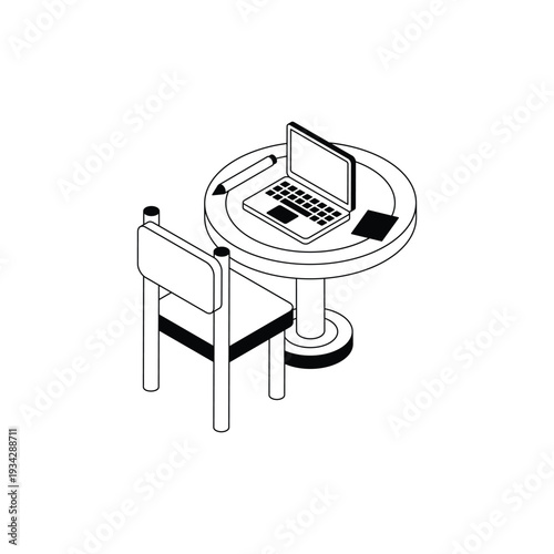 Isometric Office Desk Setup with Laptop Chair and Pencil.