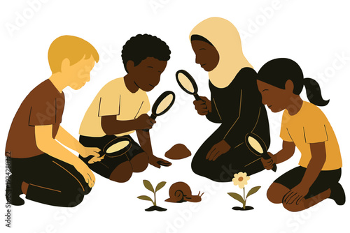 Diverse group of children collaboratively exploring nature with magnifying glasses outdoors high quality professional detailed