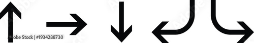 Arrow direction icon set in bold black. Navigation symbols for interface, signage, and wayfinding design. Clean vector collection ideal for app, web, and print projects.