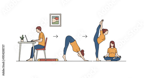 Illustration of a woman transitioning from remote work to yoga poses in a flat 2D style, depicting a healthy lifestyle.