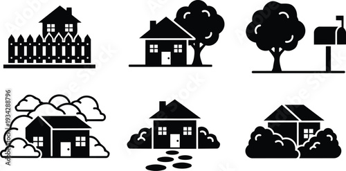 Minimalist vector flat house icon set showing fenced home with mailbox tree bushes close up and small cottage facades in clean silhouette style front view variations