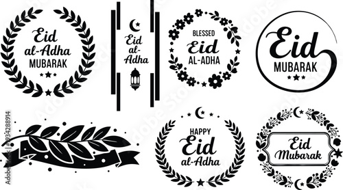 Minimalist black and white vector badge set showing eid al adha circular wreath labels with crescent lantern calligraphy laurel ribbon center text mubarak decorative ornamental emblems