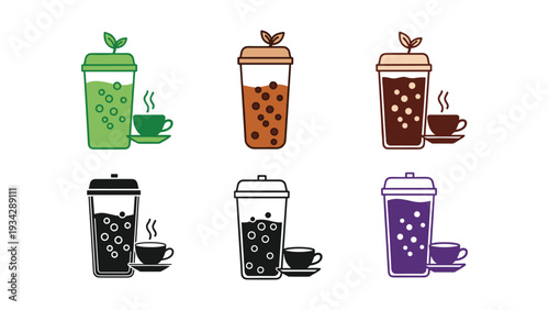 Collection of illustrated beverages in cups and bottles with tea leaves and steam effects