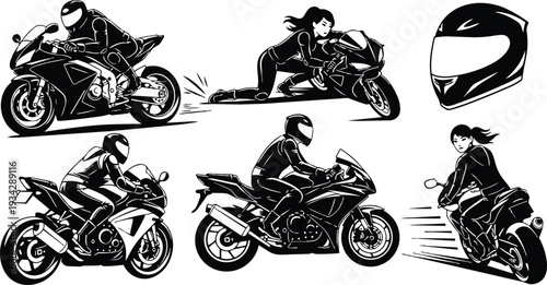 Dynamic black and white vector art of female sportbike rider leaning into corner looking at camera with helmet close up speed motion lines low angle detail