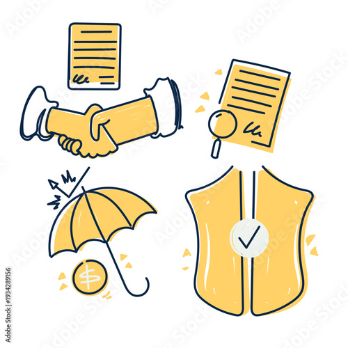 Minimalist hand-drawn doodle set depicting business security, contract signing, and financial partnerships. Includes handshake, shield, and umbrella icons.