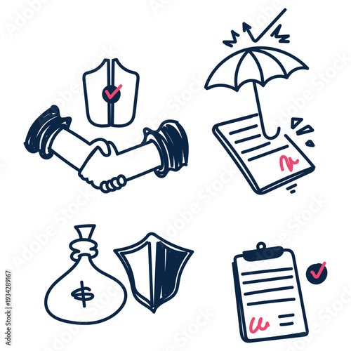 Minimalist hand-drawn doodle set depicting business security, contract signing, and financial partnerships. Includes handshake, shield, and umbrella icons.