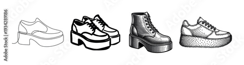 Trendy platform shoes and boots depicted with unique line art and halftone dot illustration techniques.