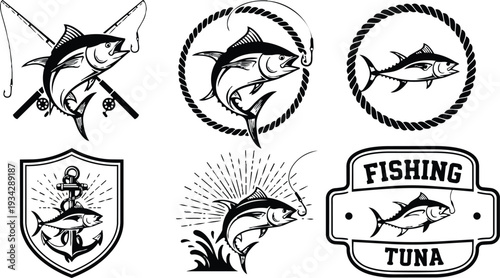 Vintage nautical vector tuna emblem set close up leaping fish with hook rope badge anchor crossed rods and fishing label in black silhouette side view minimalist