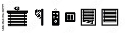 Window blinds and smart home automation icons representing control, installation, and adjustable window coverings.
