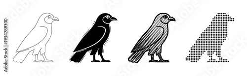 Four stylized falcon bird illustrations in various graphic styles showcasing different artistic interpretations of the majestic raptor.