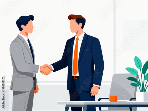 Two businessmen shake hands in a bright office. One wears gray, the other, navy with orange tie. They stand near a desk with a plant and coffee cup. Their posture suggests mutual respect and agreement
