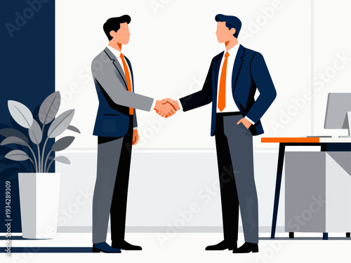 Two men shake hands in a modern office. Both wear suits and ties, showing professionalism. One man smiles warmly, indicating trust. The other nods politely, reflecting agreement