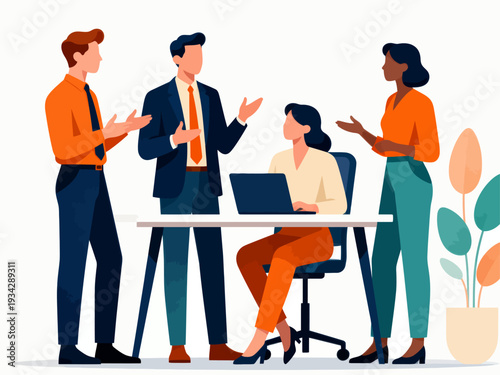 Colored photo illustration of four professionals in a meeting. One person sits at a desk with an open laptop. Three others stand nearby, gesturing actively during discussion