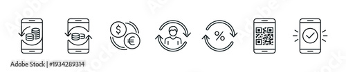 Mobile banking and financial transaction line icons set illustrating various digital payment and money exchange concepts.