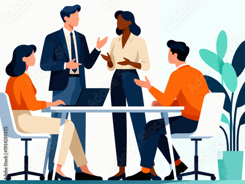 Four professionals engage in a dynamic team meeting. One person speaks passionately while others listen attentively. Hand gestures and facial expressions show active participation