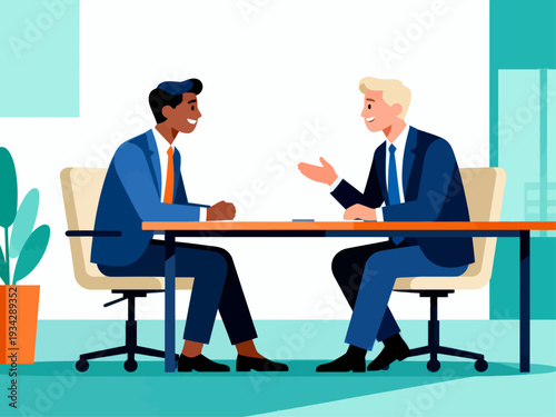 Two professionals sit at a desk, engaged in conversation. They smile warmly, suggesting mutual respect and collaboration. The modern office setting implies a productive meeting