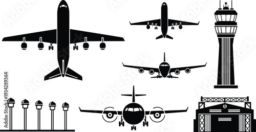 Minimalist vector airport icons set aerial and front airplane silhouettes control tower hangar runway lights in black simple flat design transport signage low angle front view