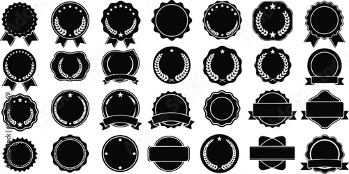 Minimalist vector badge set showing multiple round ribbons laurel seals stars blank labels in black top view arranged in grid for branding and label mockup display
