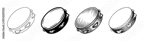 Four different styles of tambourines musical instruments are beautifully illustrated in a versatile black and white vector set.