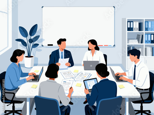 Team collaborates around a table, focused and engaged. Laptops, documents, and tablets reveal active project work. Bright room, whiteboard, and potted plant enhance professional setting