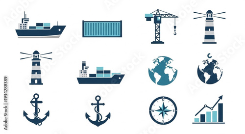 Maritime and Shipping Industry Icons Set.