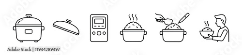 Rice cooker preparation process icons illustrate cooking steps from appliance setup to serving a delicious meal.