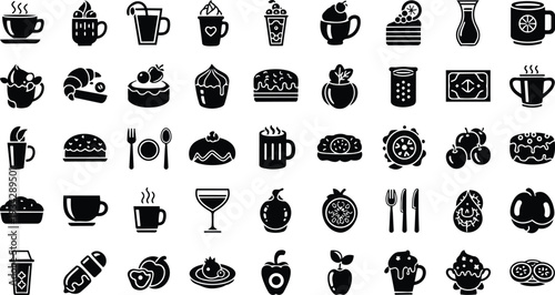 Minimalist icon set close up grid of food and drink silhouettes including coffee cup cake croissant apple burger utensils and beverage glasses black flat vector art